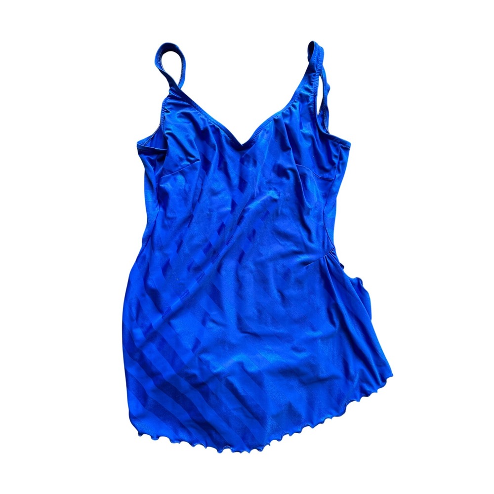 Vintage Bobby Len Royal Blue Striped Swim Dress One Piece Swimsuit Size 18 7521
